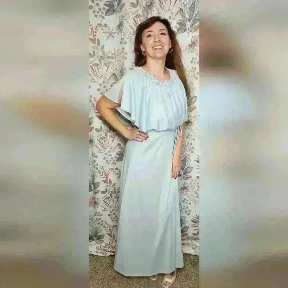 Vintage Light Blue empire waist capelet dress size m - Picture 1 of 3